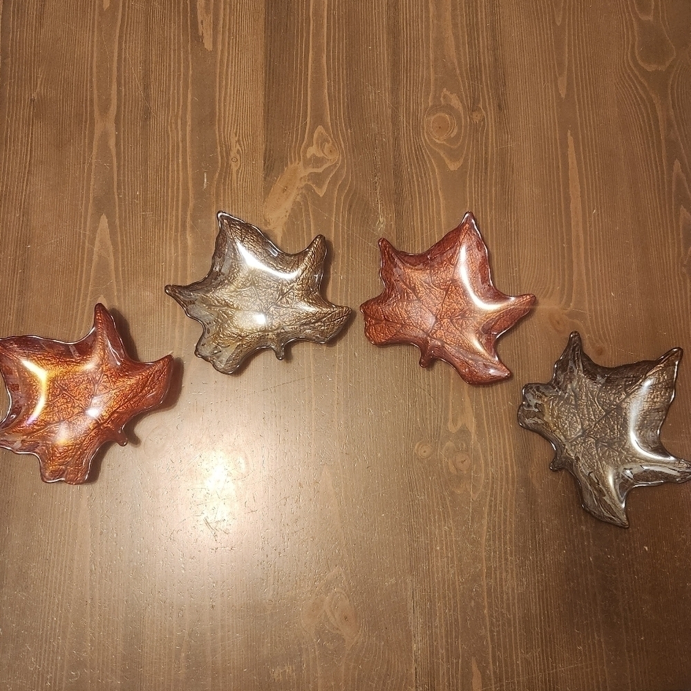 Lot Of 4 Maple Leaves Art Glass Candy Dish Container Fall Autumn 8" Coin Dish